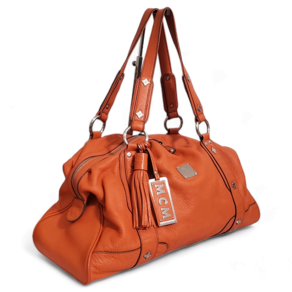 MCM Orange Leather Travel Tote with Tassel